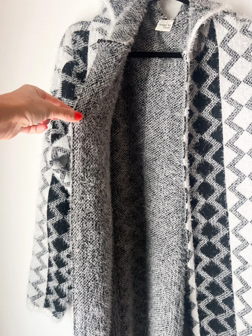 Wear to Love Fuzzy Hooded Cardigan XL Black White Geometric Boho Cozy Duster